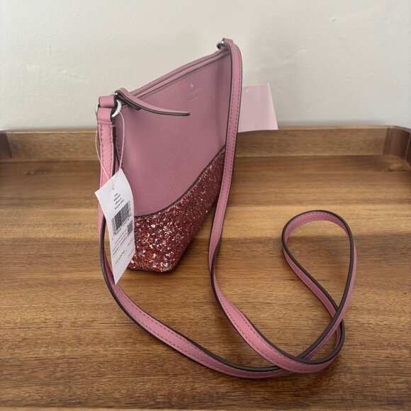 Kate Spade Ramey Dusty Peon Pink Saffiano Leather Pink Sparkle Crossbody New - Picture 3 of 9